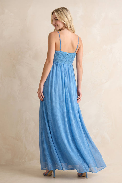 Robe bleu acier longue en mousseline coupe trapèze à décolleté cœur - Harana