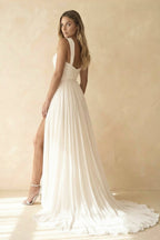 Robe de mariée ivoire trapèze en mousseline décolleté cœur sans manches - Harana