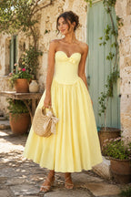 Robe jaune midi coupe trapèze à décolleté cœur plissée avec corset - Harana