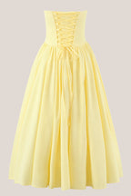 Robe jaune midi coupe trapèze à décolleté cœur plissée avec corset - Harana