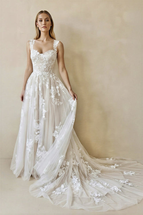 Robe de mariée blanche et nude trapèze en dentelle décolleté cœur sans - Harana