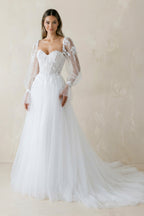 Robe de mariée blanche trapèze en tulle à épaules dénudées manches longues - Harana