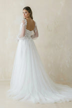 Robe de mariée blanche trapèze en tulle à épaules dénudées manches longues - Harana