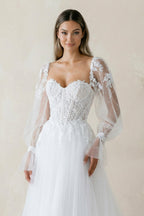 Robe de mariée blanche trapèze en tulle à épaules dénudées manches longues - Harana