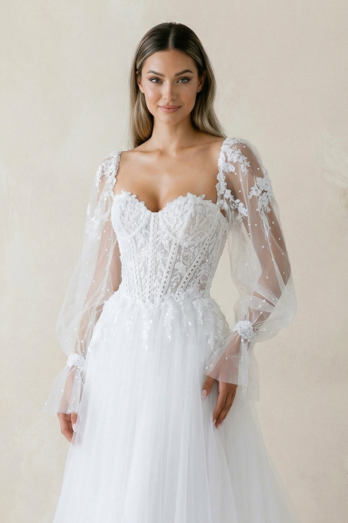 Robe de mariée blanche trapèze en tulle à épaules dénudées manches longues - Harana