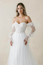 Robe de mariée blanche trapèze en tulle à épaules dénudées manches longues - Harana