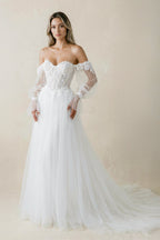 Robe de mariée blanche trapèze en tulle à épaules dénudées manches longues - Harana
