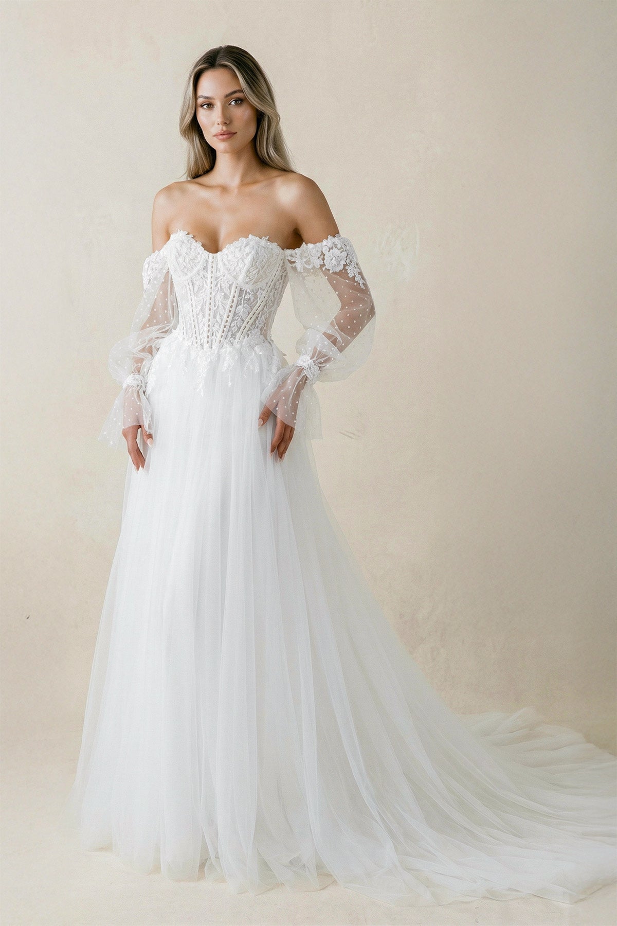Robe de mariée blanche trapèze en tulle à épaules dénudées manches longues - Harana