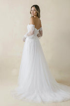 Robe de mariée blanche trapèze en tulle à épaules dénudées manches longues - Harana