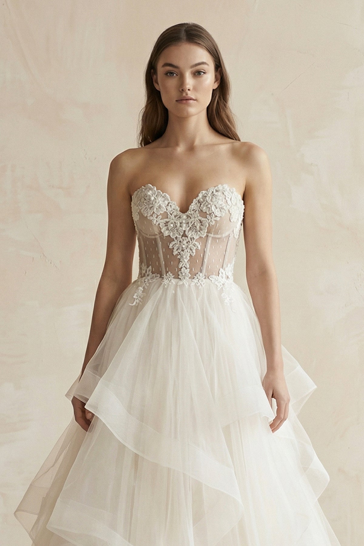 Robe de mariée ivoire longue sans manches à corset coupe trapèze - Harana