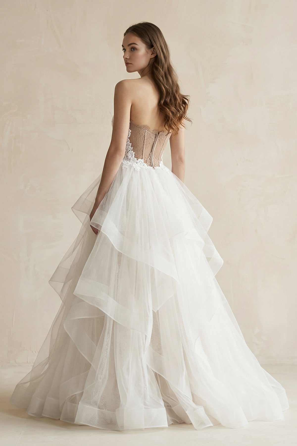Robe de mariée ivoire longue sans manches à corset coupe trapèze - Harana