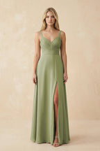 Robe demoiselle d’honneur moss green longue sans manches plissée effet drapé - Harana