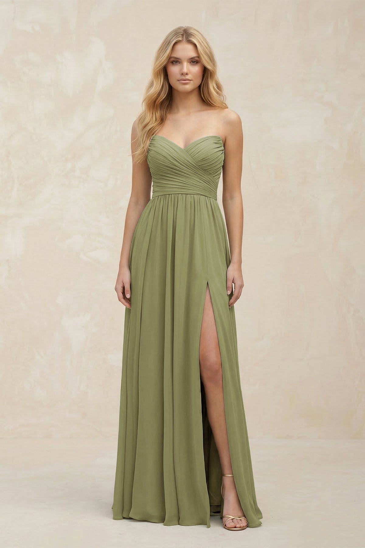 Robe demoiselle d’honneur moss green longue sans manches avec fente plissée - Harana