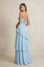 Robe longue bleu ciel en mousseline coupe trapèze décolleté cœur à volants - Harana