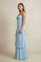 Robe longue bleu ciel en mousseline coupe trapèze décolleté cœur à volants - Harana