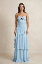 Robe longue bleu ciel en mousseline coupe trapèze décolleté cœur à volants - Harana