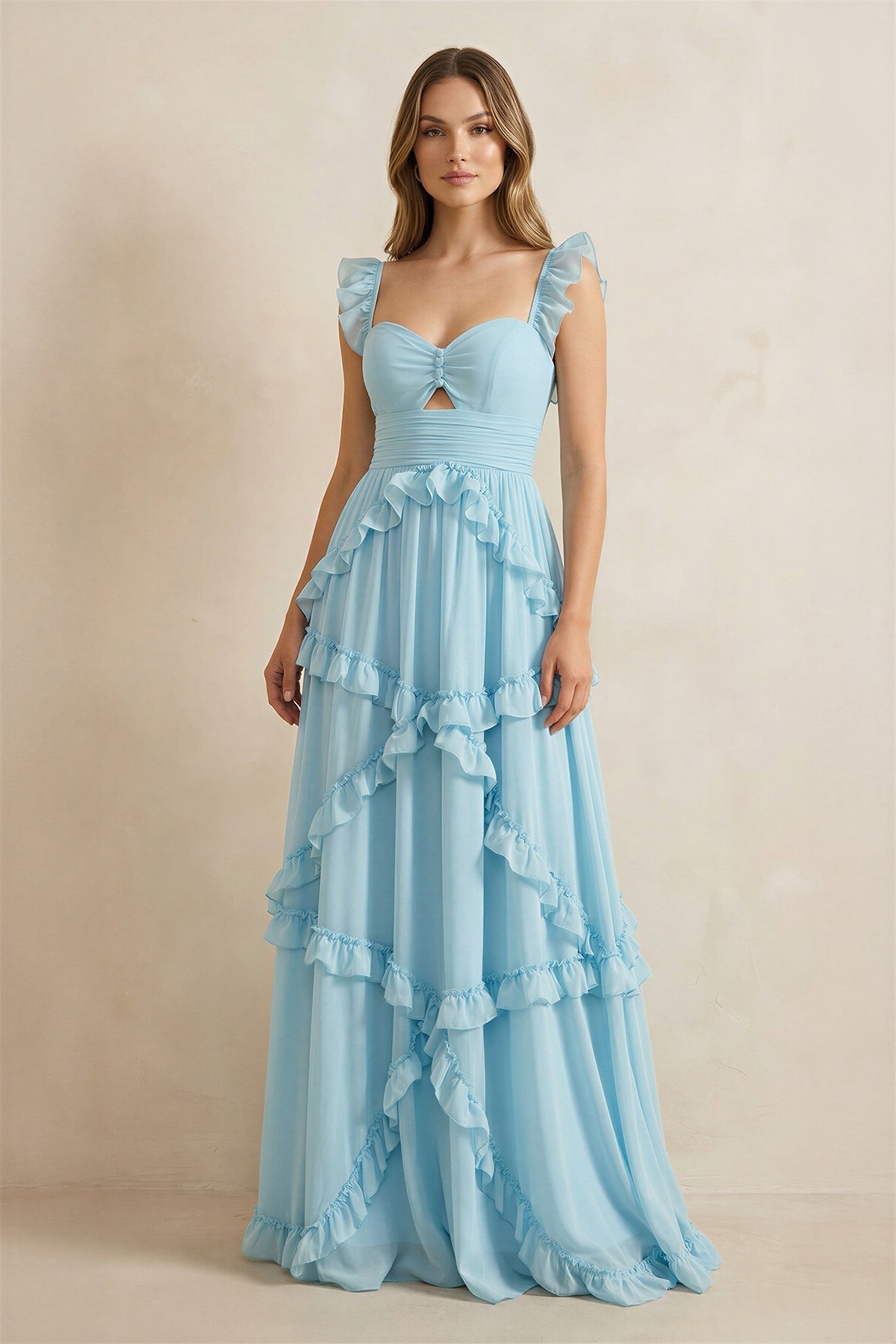 Robe bleu ciel longue coupe trapèze à décolleté cœur ornée de volants - Harana