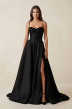 Robe de mariée noire trapèze en satin décolleté cœur sans manches - Harana