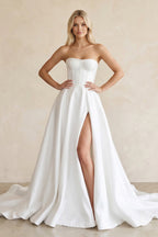 Robe de mariée blanche trapèze en satin bustier sans manches - Harana