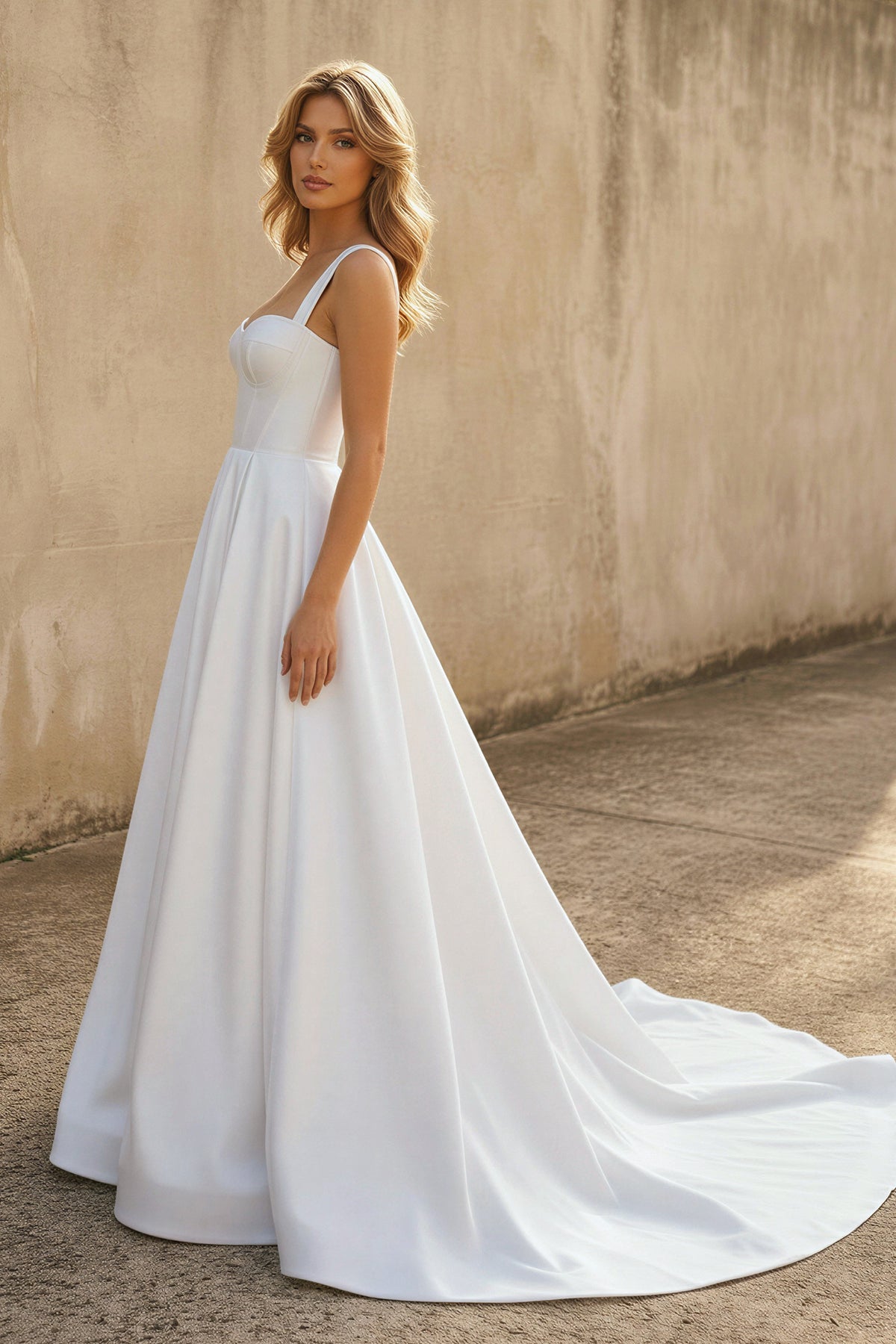 Robe de mariée blanche trapèze en satin décolleté cœur sans manches - Harana