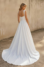 Robe de mariée blanche trapèze en satin décolleté cœur sans manches - Harana