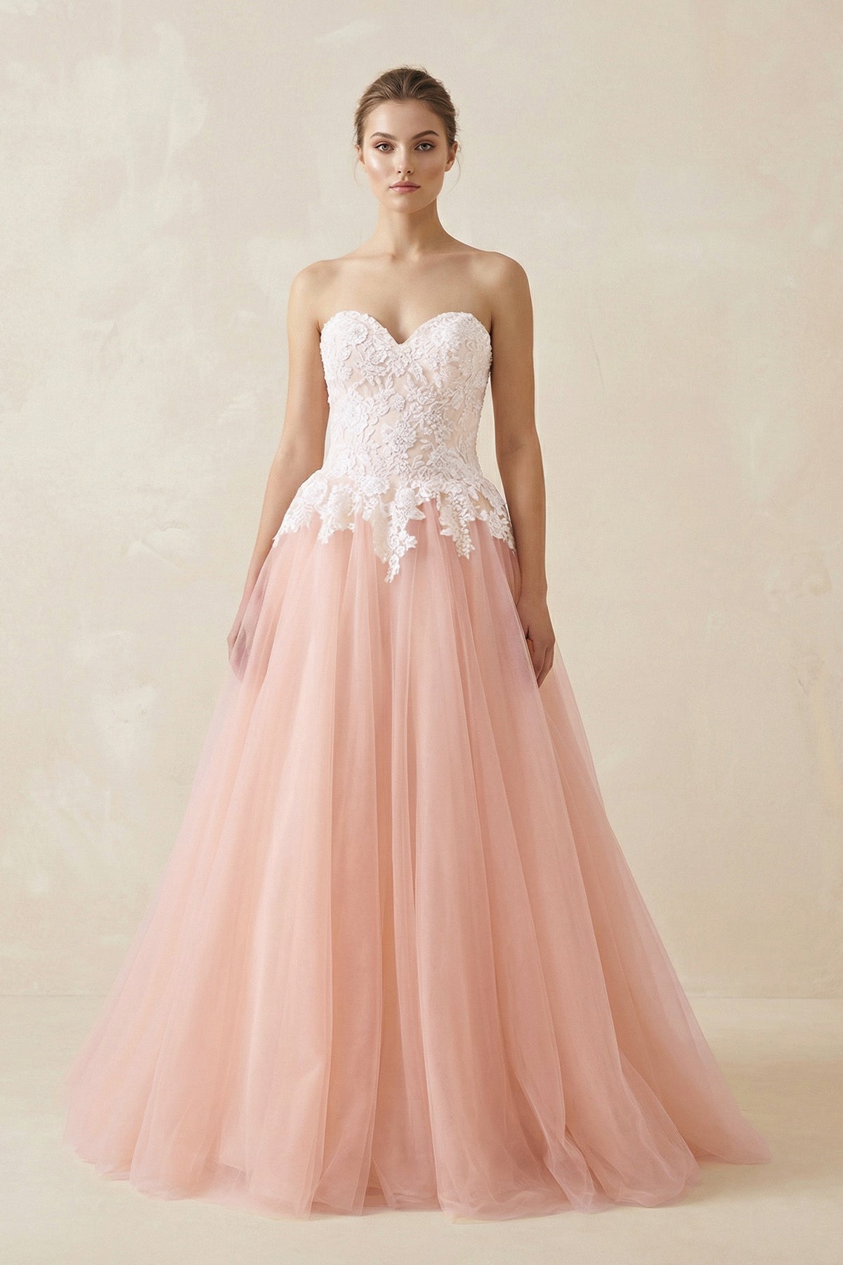 Robe de mariée rose trapèze en tulle décolleté cœur sans manches - Harana