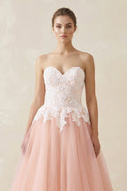 Robe de mariée rose trapèze en tulle décolleté cœur sans manches - Harana