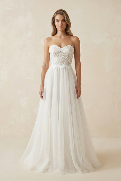 Robe de mariée blanche et nude trapèze dentelle décolleté cœur sans manches - Harana