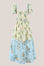 Robe jaune courte en coton coupe trapèze à décolleté cœur et imprimé floral rétro - Harana
