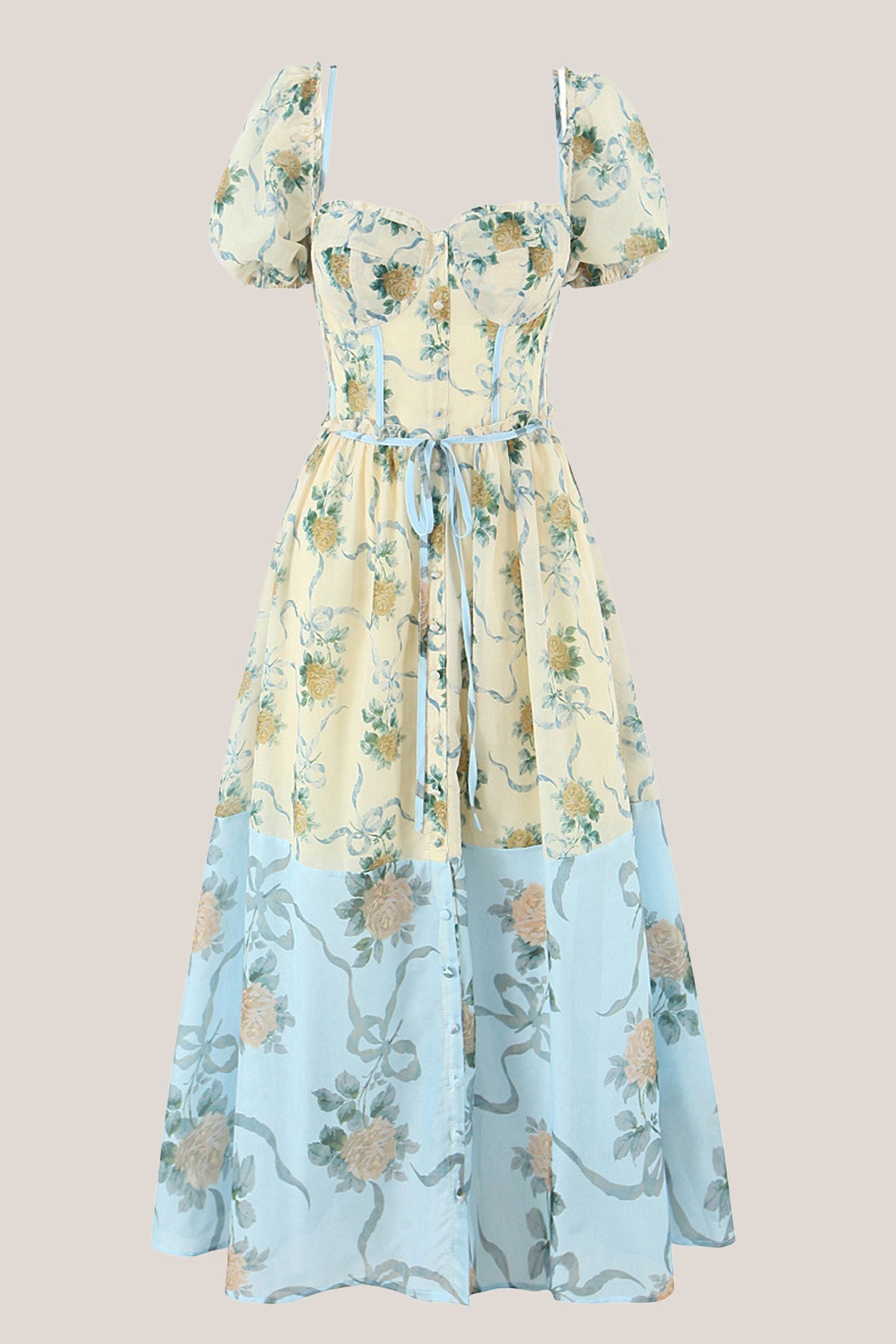 Robe jaune courte en coton coupe trapèze à décolleté cœur et imprimé floral rétro - Harana