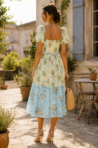 Robe jaune courte en coton coupe trapèze à décolleté cœur et imprimé floral rétro - Harana