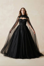 Robe de mariée noir longue sans manches en tulle coupe trapèze - Harana