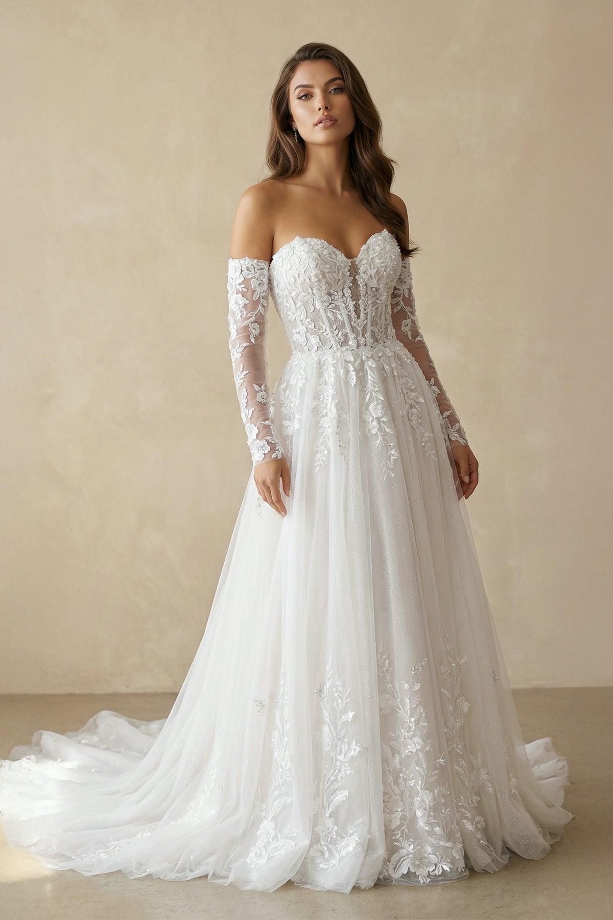 Robe de mariée ivoire courte sans manches à dentelle en tulle - Harana