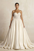 Robe de mariée ivoire longue sans manches satinée coupe trapèze - Harana
