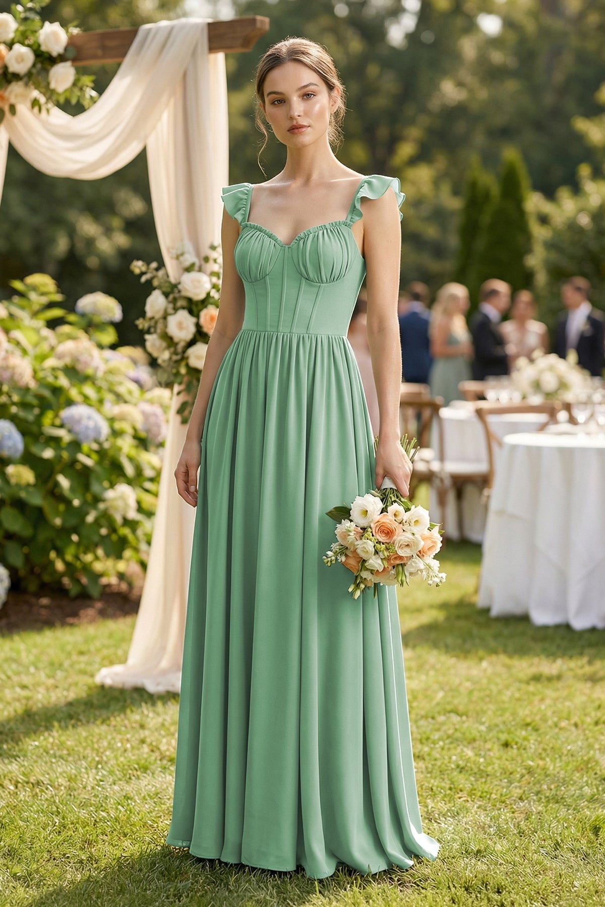 Robe demoiselle d’honneur vert d’eau longue sans manches effet drapé à volants - Harana