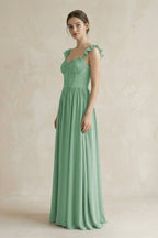 Robe demoiselle d’honneur vert d’eau longue sans manches effet drapé à volants - Harana