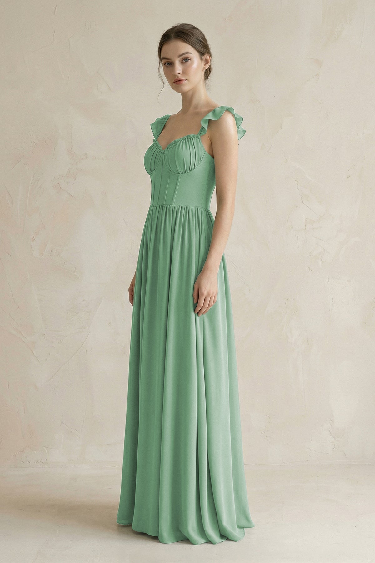 Robe demoiselle d’honneur vert d’eau longue sans manches effet drapé à volants - Harana