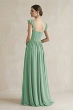 Robe demoiselle d’honneur vert d’eau longue sans manches effet drapé à volants - Harana