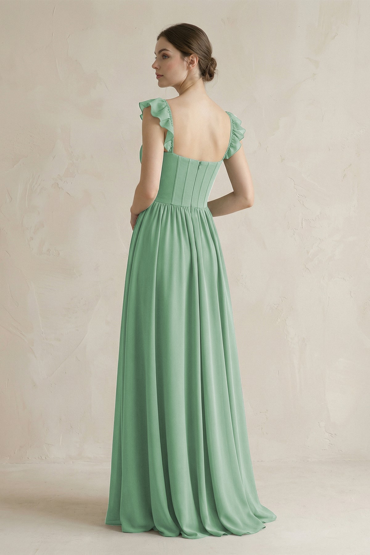 Robe demoiselle d’honneur vert d’eau longue sans manches effet drapé à volants - Harana