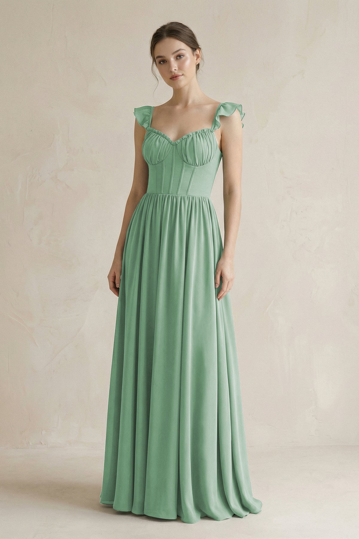 Robe demoiselle d’honneur vert d’eau longue sans manches effet drapé à volants - Harana