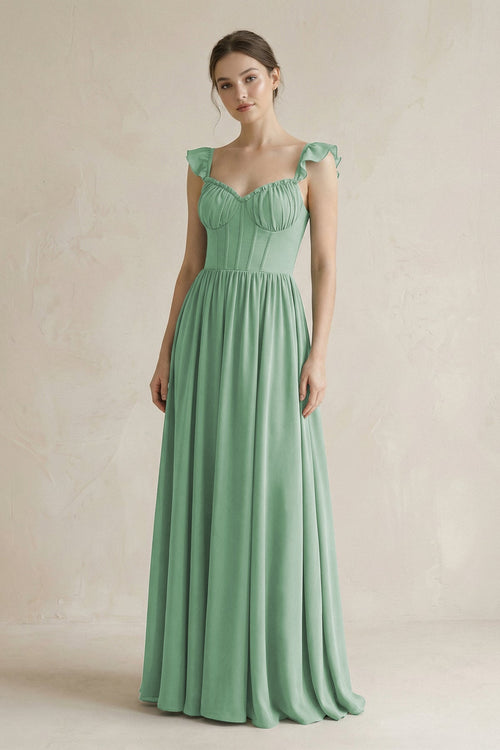 Robe de demoiselle d’honneur vert d’eau longue en mousseline coupe trapèze à décolleté cœur avec corset - Harana
