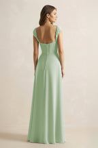 Robe demoiselle d’honneur vert sauge longue effet drapé à corset en mousseline - Harana