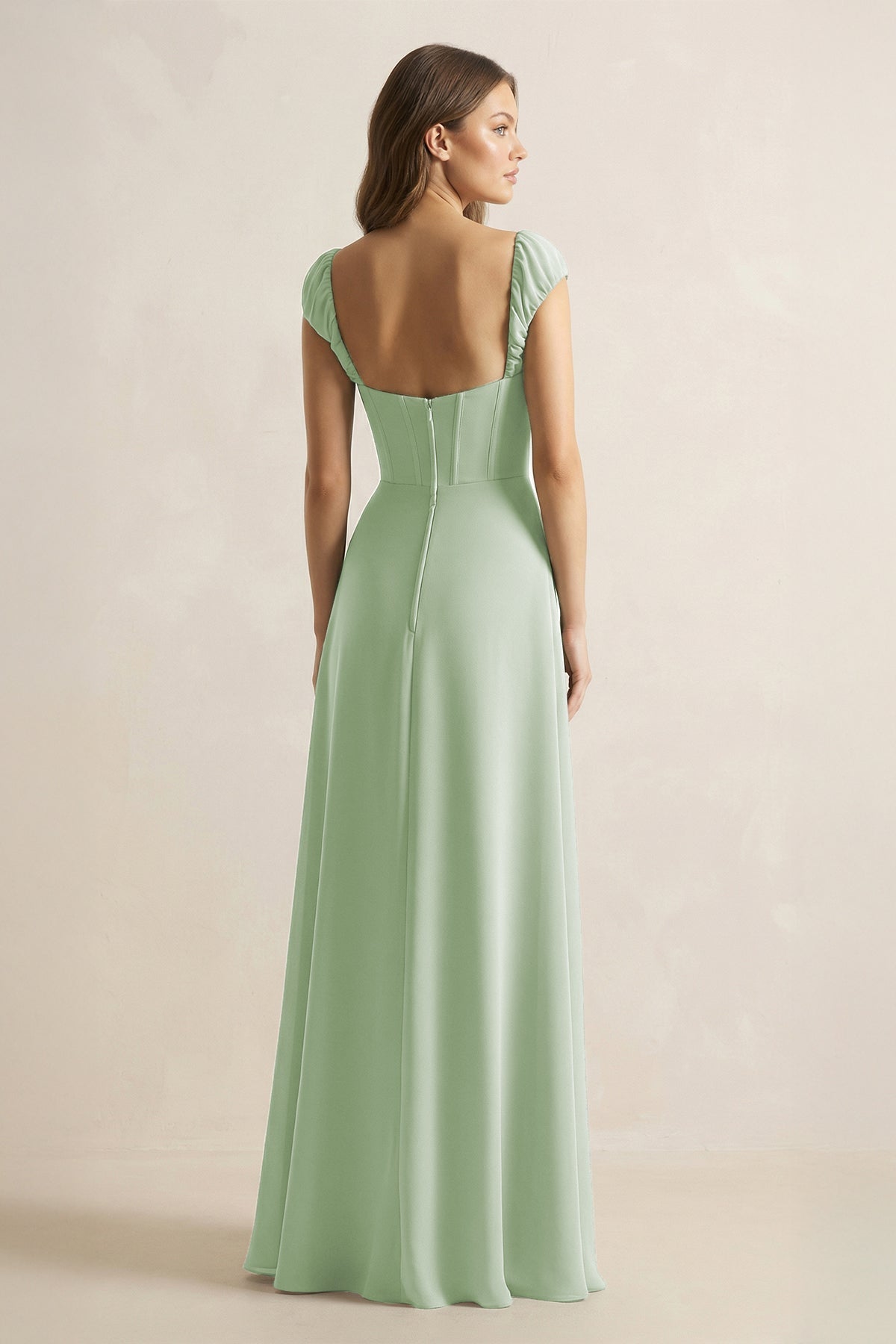 Robe demoiselle d’honneur vert sauge longue effet drapé à corset en mousseline - Harana