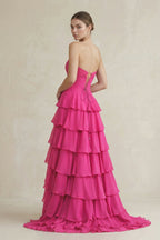 Robe longue fuchsia coupe trapèze décolleté cœur à volants - Harana