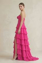 Robe longue fuchsia coupe trapèze décolleté cœur à volants - Harana