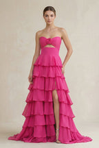 Robe longue fuchsia coupe trapèze décolleté cœur à volants - Harana