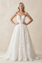 Robe de mariée blanche trapèze en dentelle sans manches - Harana