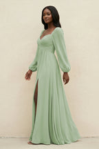 Robe demoiselle d’honneur vert sauge longue manches longues avec fente froncée - Harana