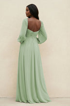Robe demoiselle d’honneur vert sauge longue manches longues avec fente froncée - Harana