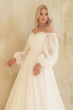 Robe de mariée ivoire longue manches longues plissée en tulle - Harana